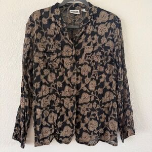 Chico's Design Silk Blend Floral Paisley Button Down Blouse Black Tan Sheer Sz 2
